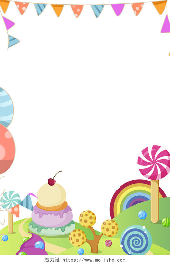 六一儿童节边框彩旗棒棒糖蛋糕美食卡通素材